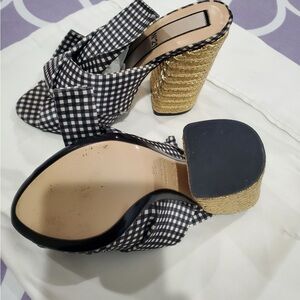 CHANEL Black and White Gingham Heels with Gold Block Heel